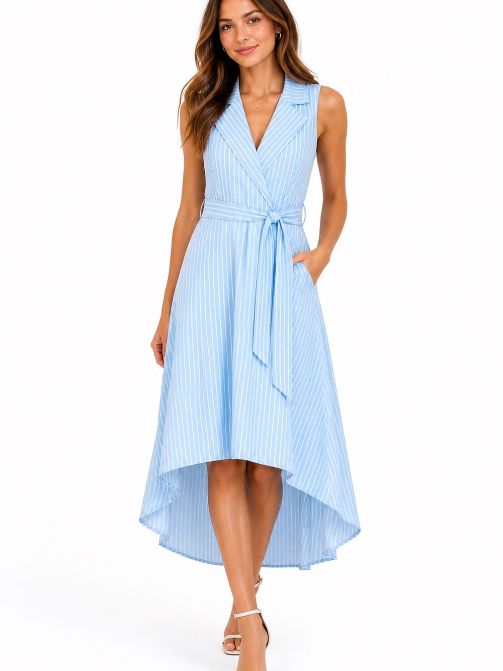 MARLED Blue and White Stripe Racer Back Wrap Sash Dress. Size M